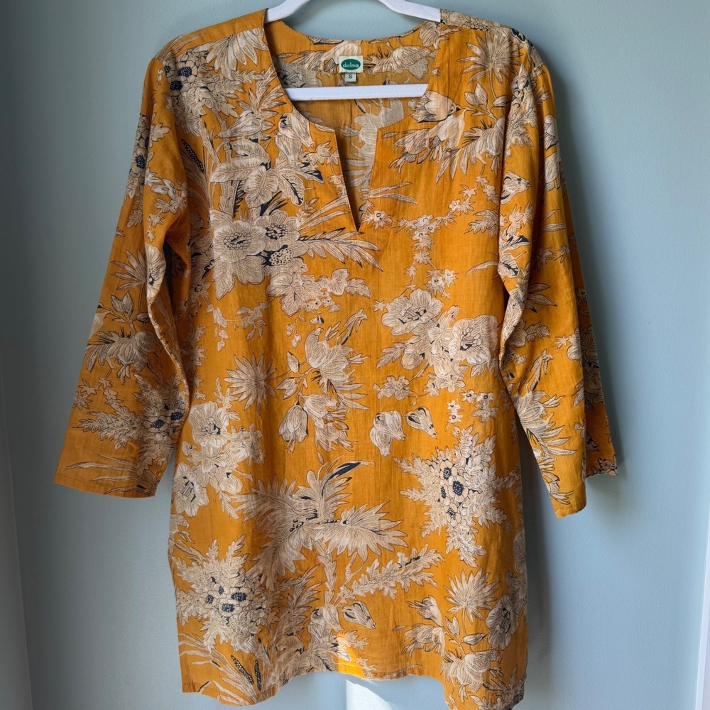 Dolma Mustard Yellow Tunic 100% Cotton Floral Toile Print 3/4 SLV Boho Small